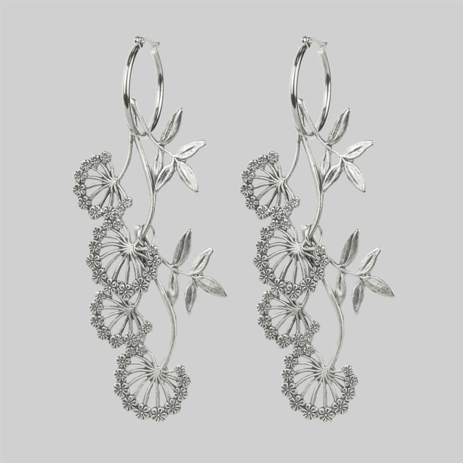 AELLA. Floral Drop Hoop Earrings - Silver