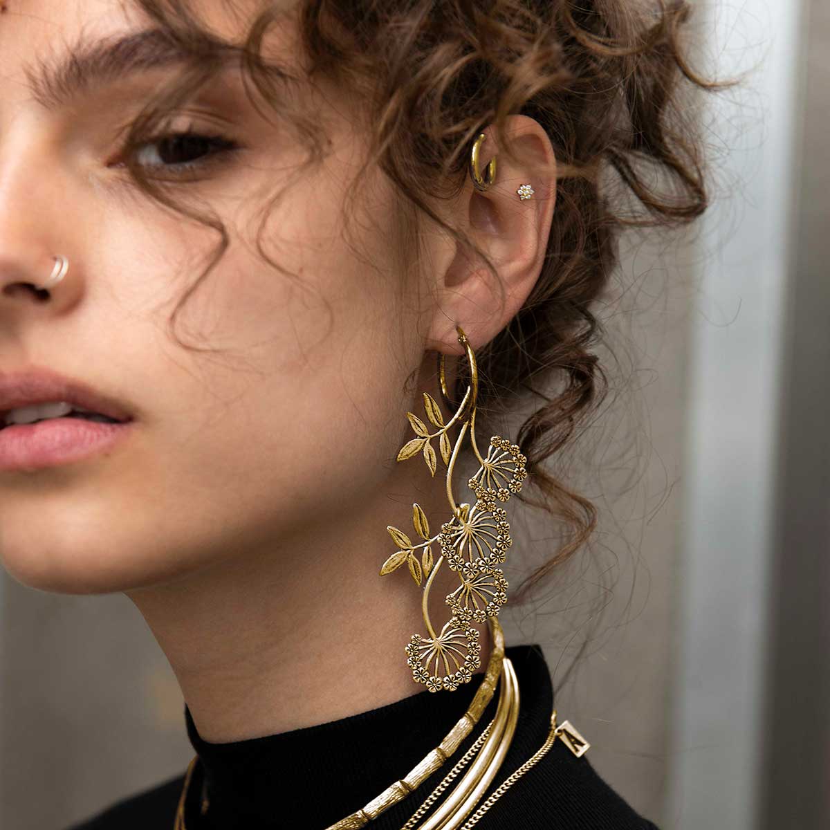 AELLA. Floral Drop Hoop Earrings - Gold