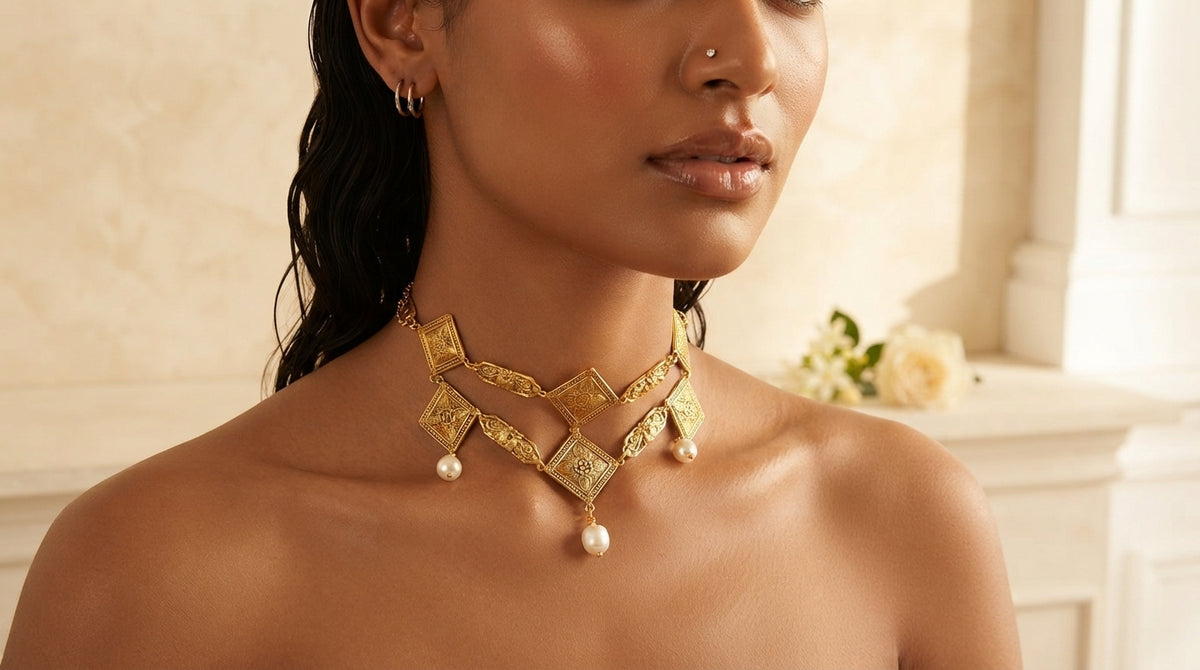 A woman wearing an ornate gold double-chain choker featuring diamond-shaped motifs and freshwater pearls against a soft, sunl