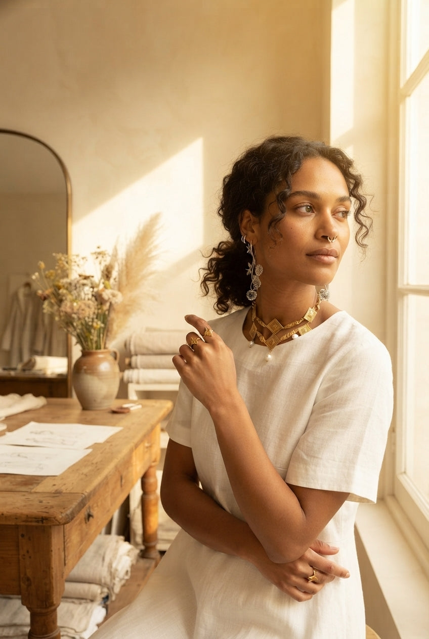 A woman wearing gold and silver jewelry pieces including a pearl choker, floral drop earrings, a shell ring, and a septum cli