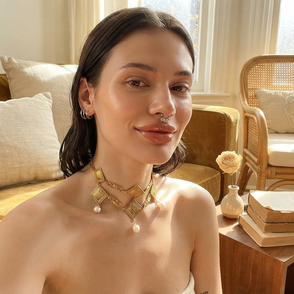 A woman wearing a gold double-chain choker with diamond motifs and freshwater pearls in a sunlit room.