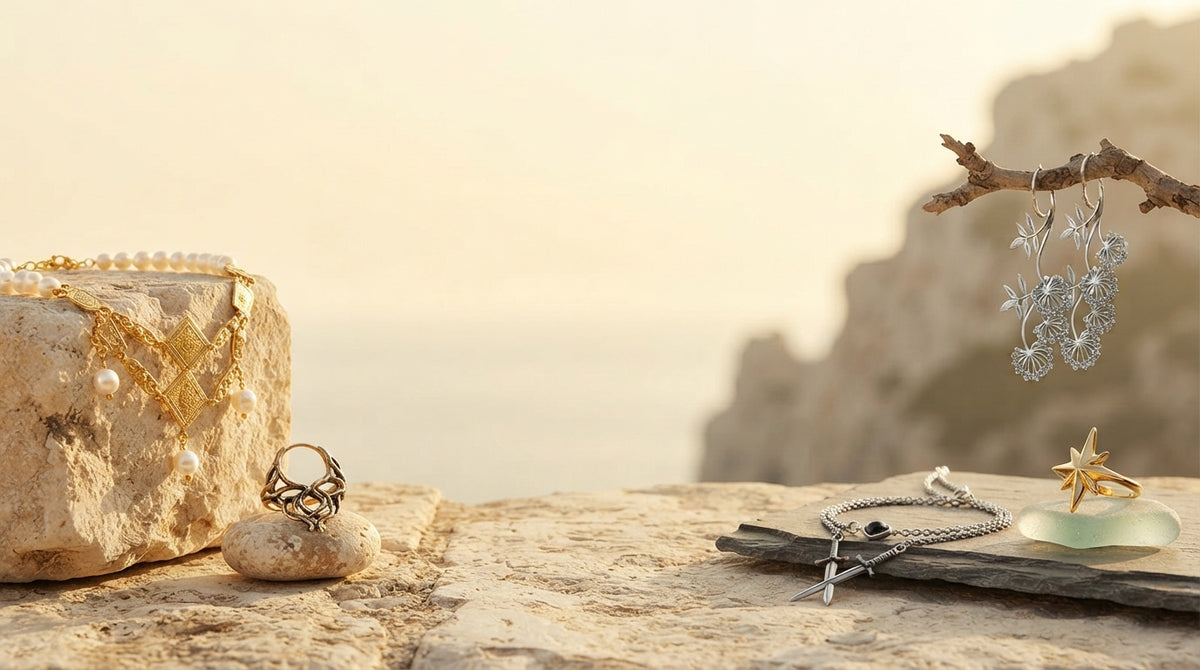 A collection of gold and silver jewelry pieces arranged on a sunny coastal terrace with a clear center for text.