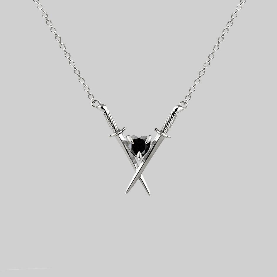 ABJURE. Crossed Swords & Onyx Heart Necklace - Silver